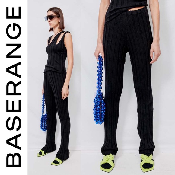 Baserange Pants - BASERANGE Black Adler Lounge Pants Ribbed Merino Wool Knit High Waisted Rise L